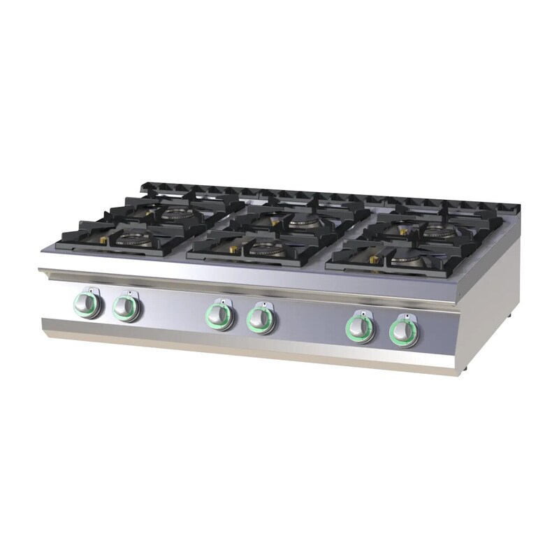 Gas hob, tabletop unit, stainless steel, 6 cooking zones, 39kW, 1200x730x300mm, pilot flame