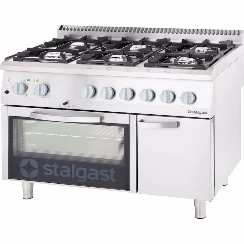 Gas stove with 6 burners, 36.5/7 kW, 1200x700x850mm, with oven.