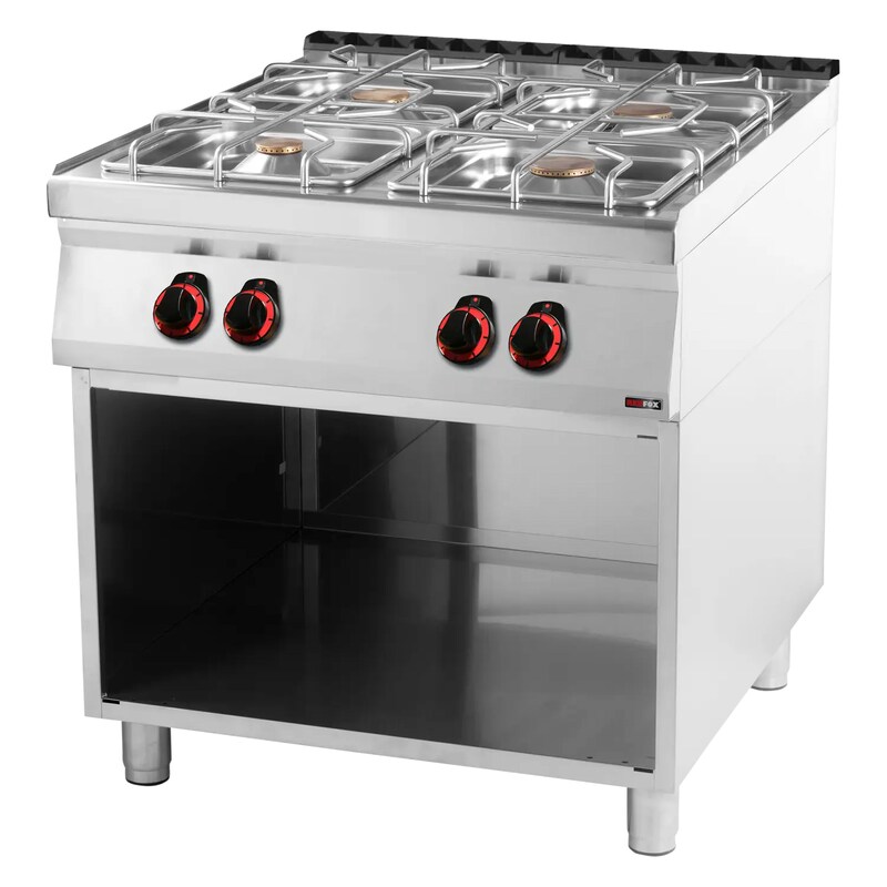 Gas cooker, freestanding unit with base, stainless steel, 4 cooking zones, 24.5 kW, 800x900x900mm