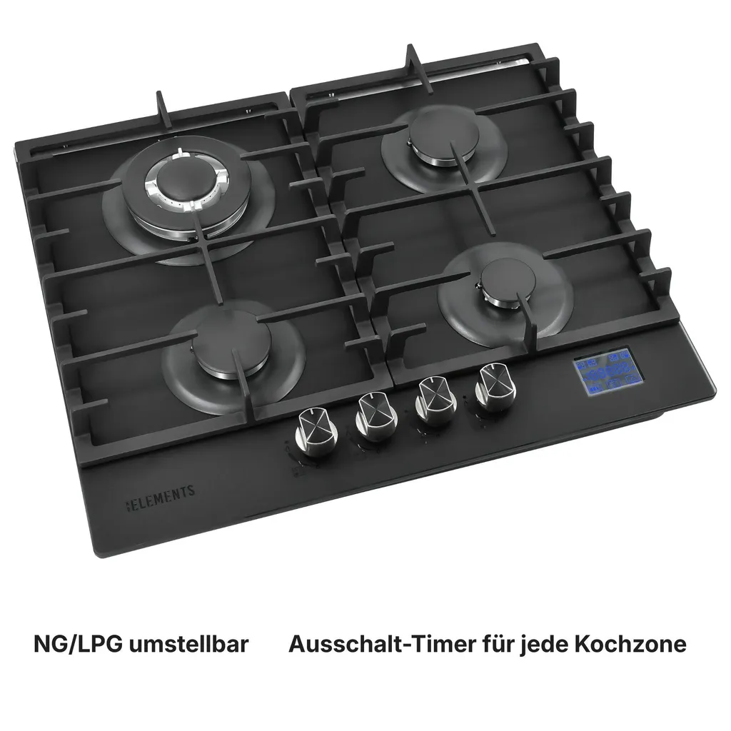 KB ELEMENTS 4-burner gas hob, 60cm gas hob, digital gas stop timer, LPG/NG, automatic safety shut-off, self-sufficient