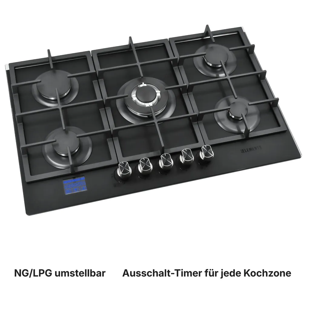 KB ELEMENTS 5-burner gas hob, 60cm gas hob, digital gas stop timer, LPG/NG, automatic safety shut-off, self-sufficient