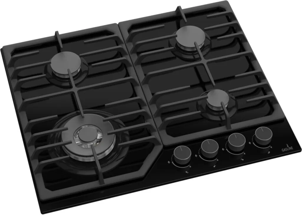 Gasline built-in gas cooker, 4 burners, gas hob, glass ceramic, wok burner, GAG60GLWG black, Sabaf burner, natural gas/propane, electric one-hand ignition, thermoelectric ignition safety device