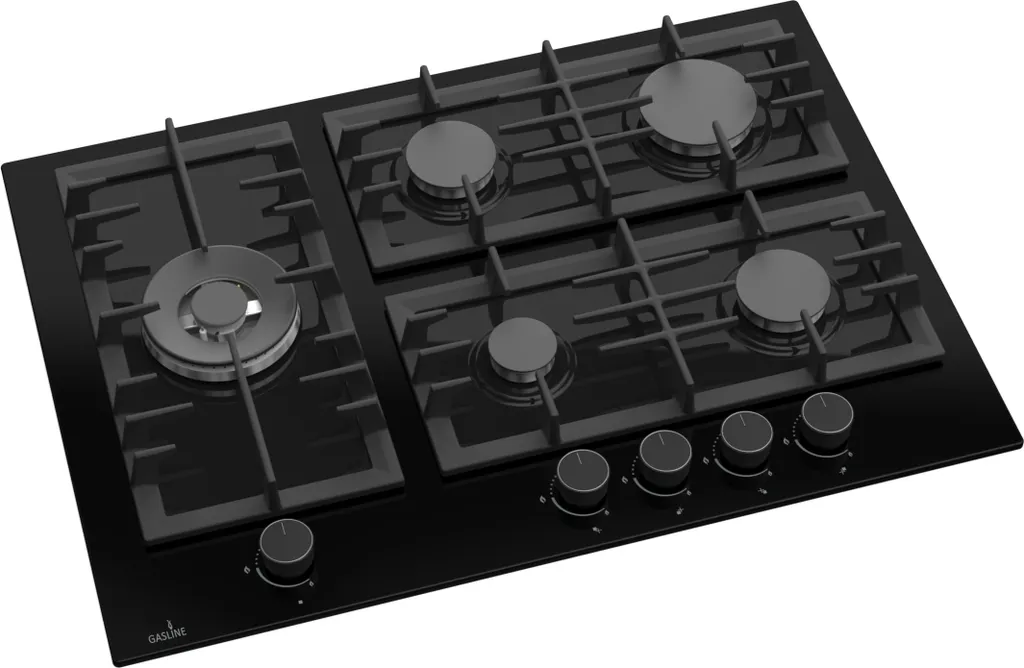 Gasline built-in gas cooker, 5 burners, glass ceramic gas hob, GAG70GLG, 3.8kW wok burner, Sabaf burner, natural gas/propane, electric one-hand ignition, thermoelectric ignition safety device