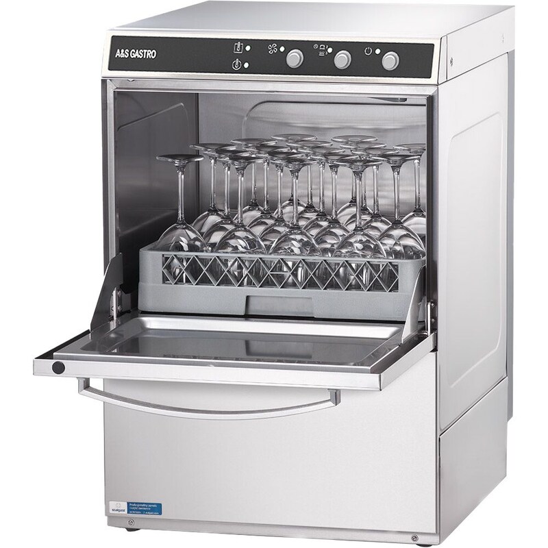 Commercial glasswasher with rinse aid, detergent, and drain pumps, 275 mm insertion height