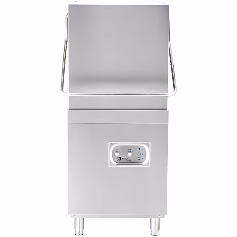 WORLDMAI 50x50 commercial hood-type dishwasher with drain pump and rinse aid dispenser. Industrial dishwasher for bars, restaurants & catering establishments.