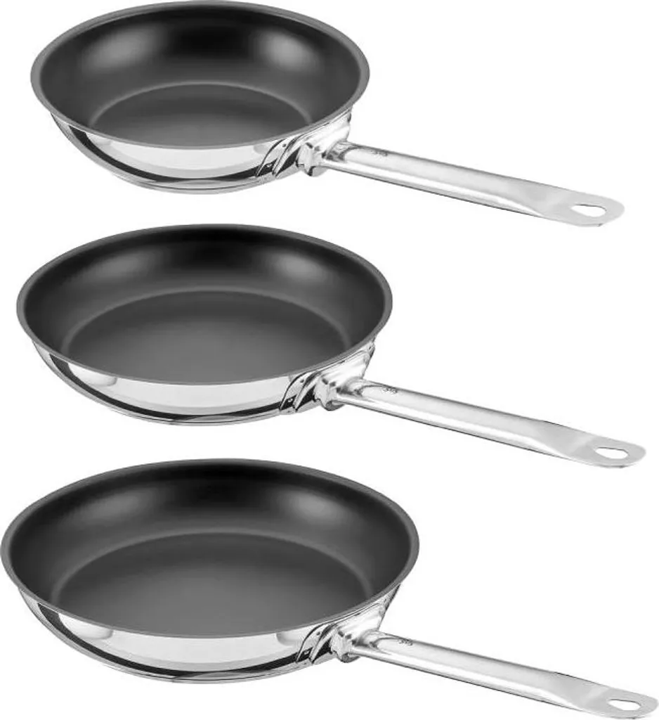 Schulte-Ufer Gastro SUS Industar Plus 3-piece frying pan set Ø20/24/28 cm – stainless steel pans with UniverSUS surface, PTFE-free, suitable for induction and oven cooking, dishwasher safe