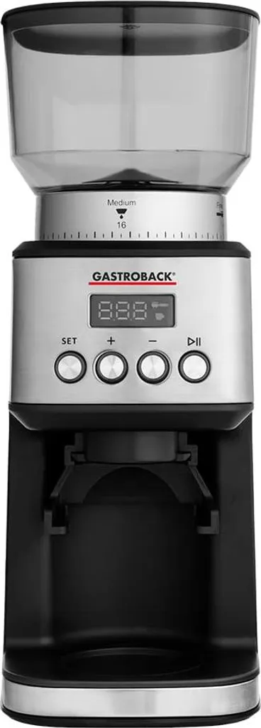 GASTROBACK #42643 Design Digital Coffee Grinder, 31 grind settings from fine to coarse, 2 automatic modes: direct grinding into the portafilter or into the bean hopper, silver/black