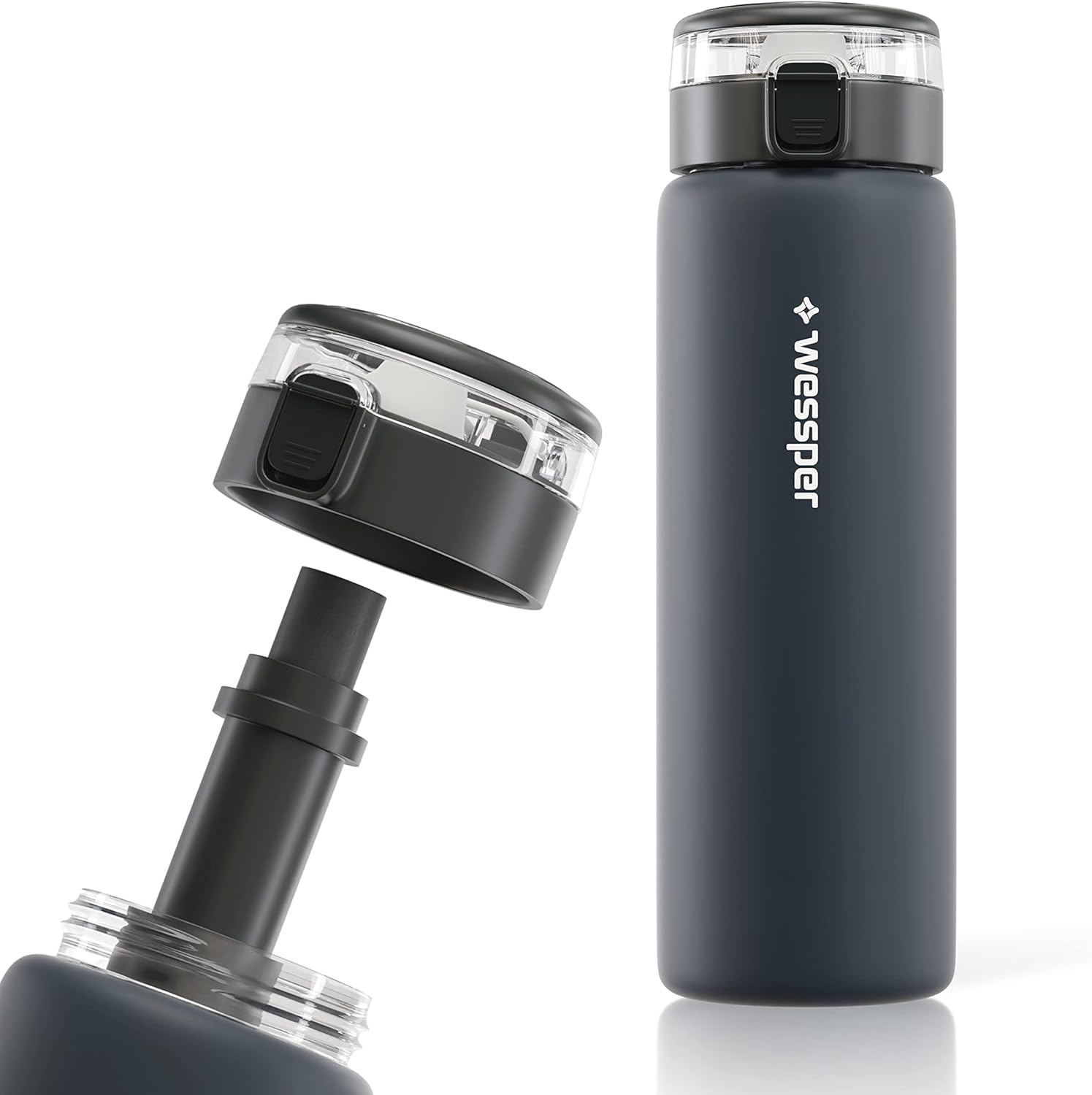 Wessper Glass Water Bottle 680 ml with Water Filter, BPA-Free, Leak-Proof Glass Bottle with Activated Carbon Filter, Water Bottle with Screw Cap for Gym, Fitness, School, Office - Gray