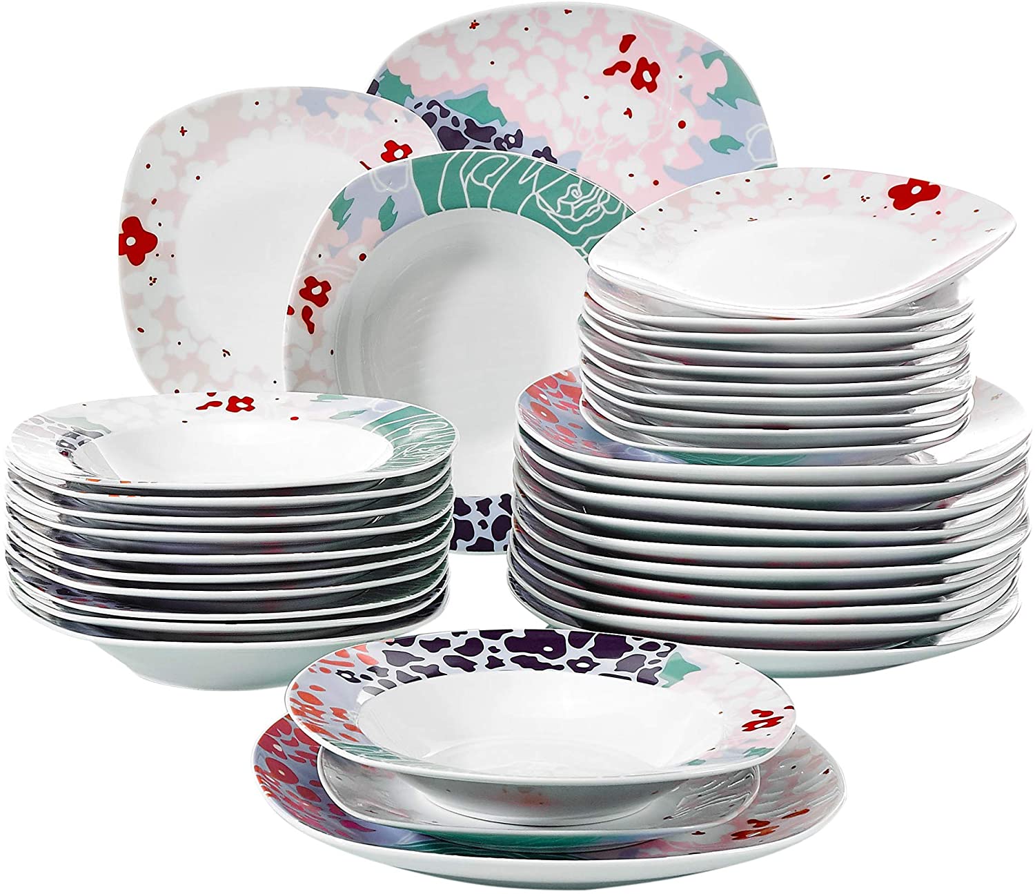 Veweet Olina Porcelain Dinner Set 30 Pieces / 60 Pieces Dinner Service Including Coffee Cups 175 ml, Saucer, Dessert Plate, Dinner Plate and Soup Plate, for 6/12 People