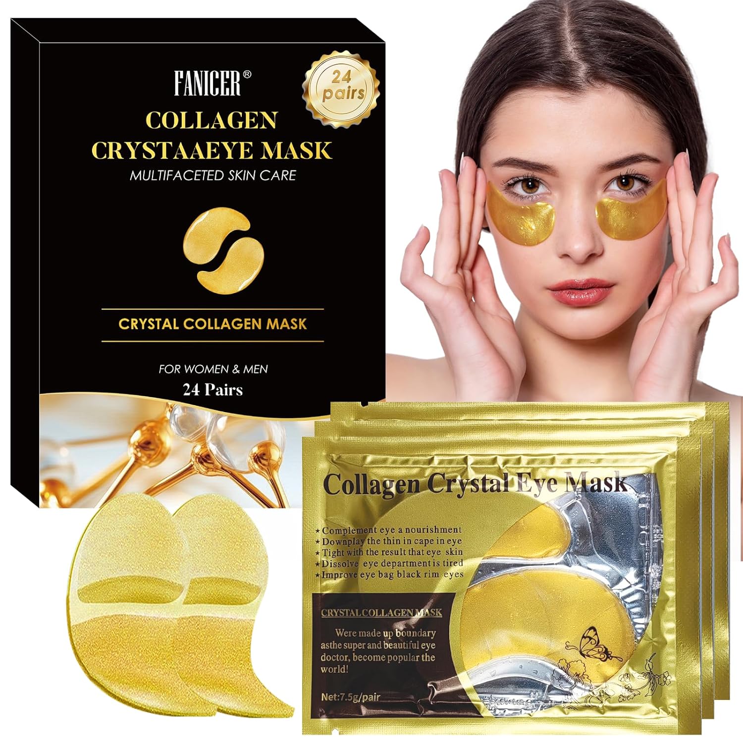 LureLuxe 24 Pairs Eye Pads, Eye Mask 24 Carat Gold, Eye Treatment Eye Gel Pads, Deep Moisturising Eye Pads Masks, for Eye Care, Moisturising, Remove Puffiness
