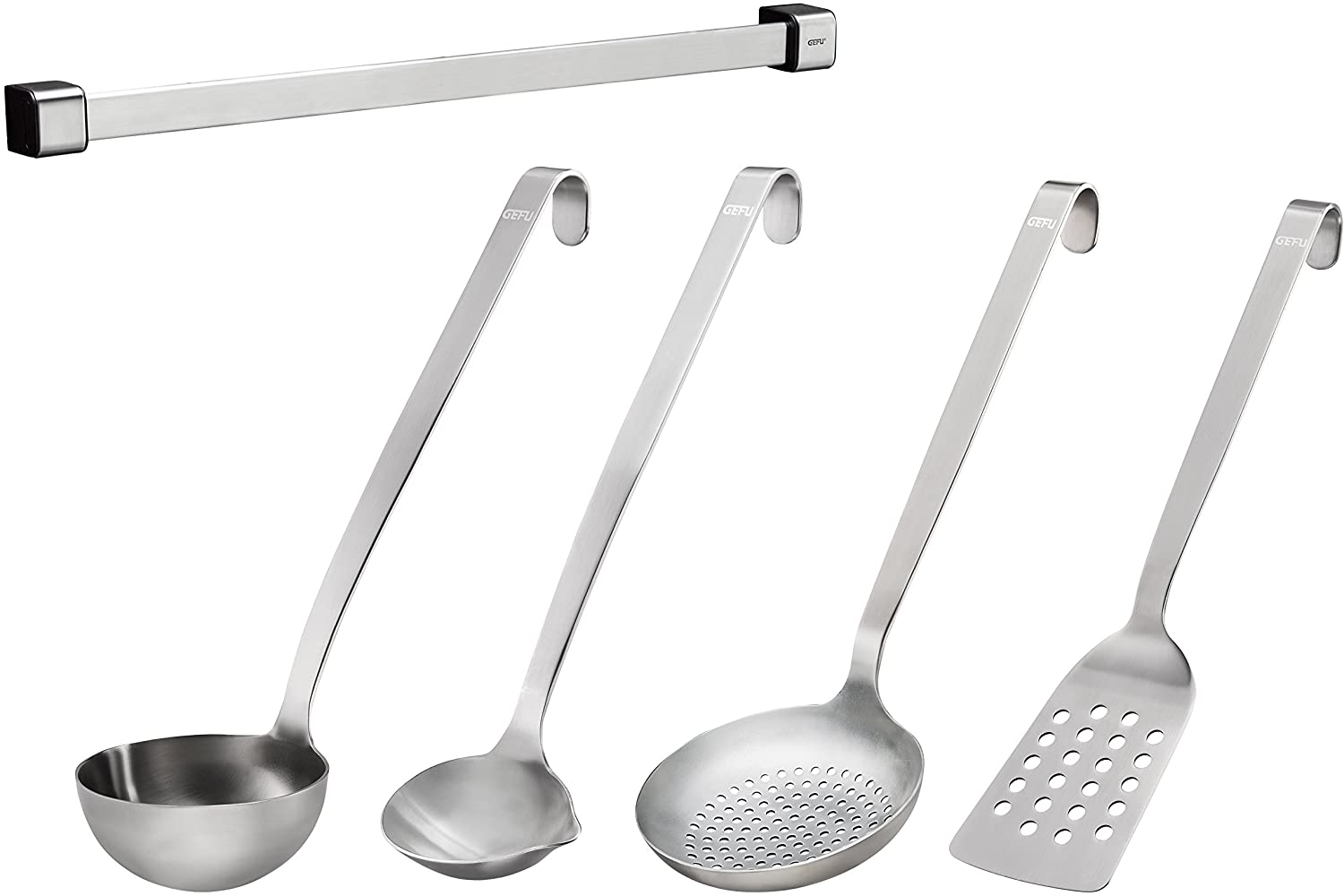 Gefu Baseline 00126 Kitchen Rail Line + 4 Utensils (Ladle, Sauce Spoon, Slotted Spoon, Spatula)