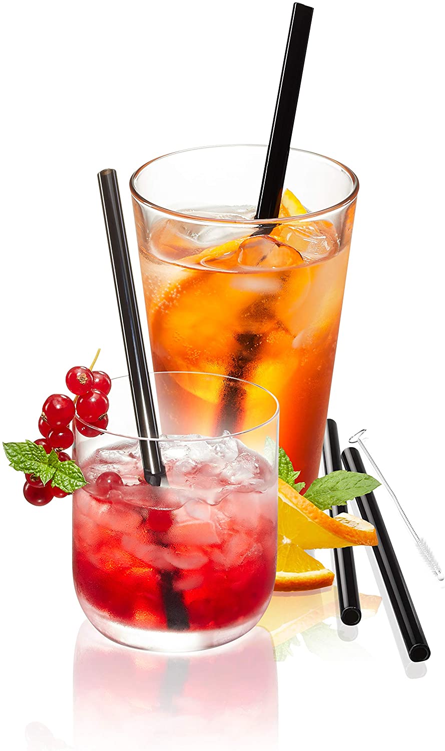 GEFU Future Glass Drinking Straws 18 cm Set of 4 Black Drinking Straws with Cleaning Brush