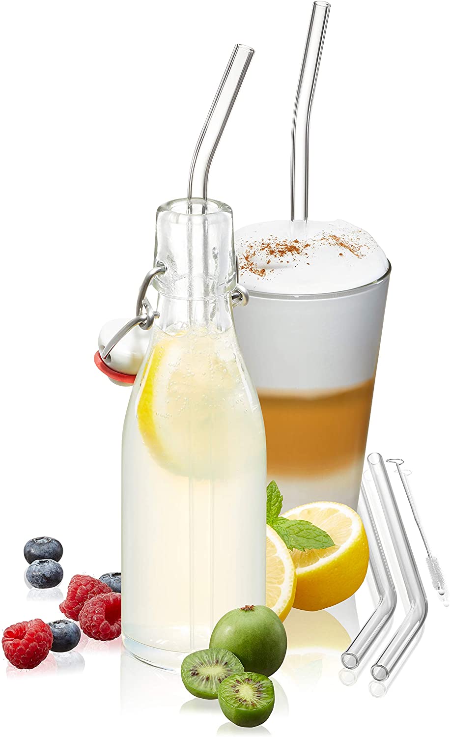 Gefu Future Glass Drinking Straws Curved Transparent 23 cm Drinking Straw with Cleaning Brush Set of 4