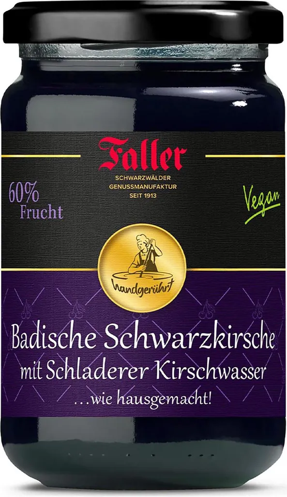 Faller Konfitüren Enjoy the freshness: Black cherry jam with cherry brandy, 330g - 60% fruit