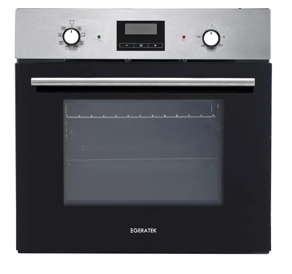 Geratek Built-in Oven with Convection Grill, Display, Clock & Timer, Silver Aluminum Knobs