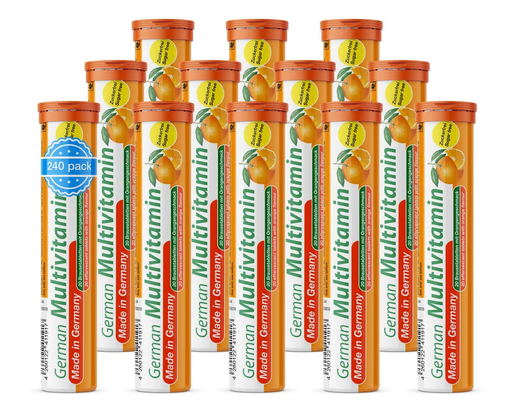 German Multivitamin Effervescent Tablets 12x20 pcs. Orange Flavor - Vitamins C, E, B1, B2, B6, B12, Biotin, Folic Acid, Niacin, Pantothenic Acid Sugar-Free – T&D Pharma – Germany 1080g