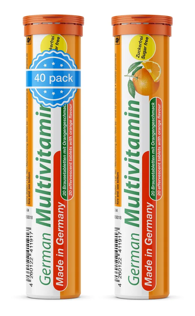German Multivitamin Effervescent Tablets 2x20 pcs. Orange Flavor - Vitamins C, E, B1, B2, B6, B12, Biotin, Folic Acid, Niacin, Pantothenic Acid Sugar-Free – T&D Pharma – Germany 180g