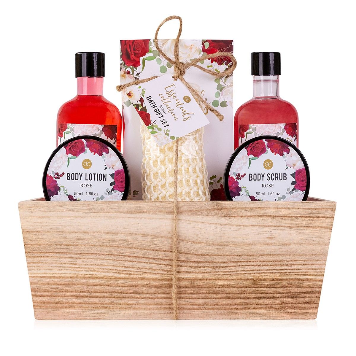Gift set shower set wellness bath salts women rose in wooden basket