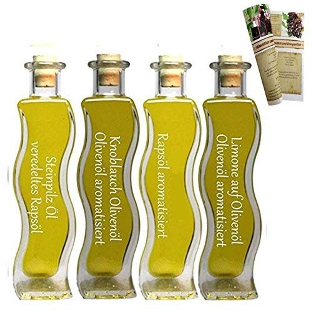 feinkostdiscount24 Gift Set & Sampler | 4 x 100ml Oils | Porcini Mushroom Oil - Lemon Olive Oil - Garlic & Herb Oil - Pasta Oil | with Recipe Booklet 400 ml