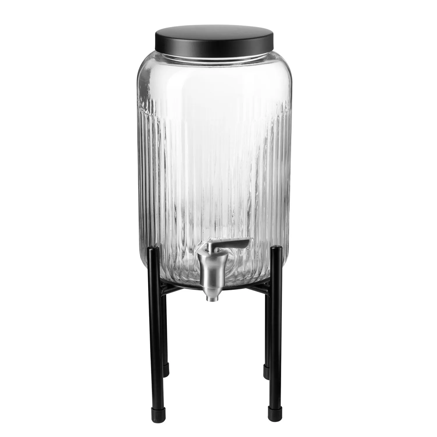 Drinks dispenser INDUSTRIAL, glass container, black metal, D: 16 cm, H: 40 cm, I: 3.8 liters.