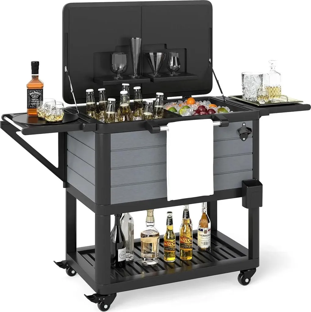 StarTech Beverage cooler trolley - Cooler box on wheels - 2 side shelves - Bottle opener - Bottom shelf - Plastic - Grey
