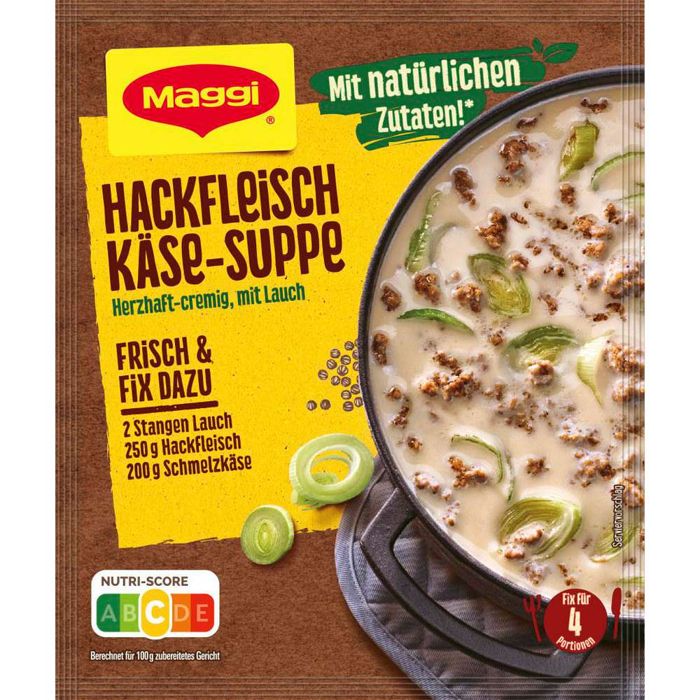Maggi Spice mix, minced meat and cheese soup with leek