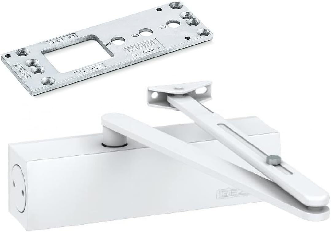 GEZE White TS 2000 V BC Linkage Door Closer for Single Leaf Doors up to 1250 mm Wing Width with Frame and Mounting Plate / Set 3 in 1, White