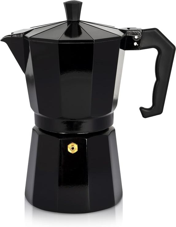 Kruger KRÜGER Aluminum Espresso Maker with Silicone Sealing Ring for 6 Cups - Quick and Easy Espresso Preparation - Safety Valve Prevents Overflow - Handy Handle (Black)