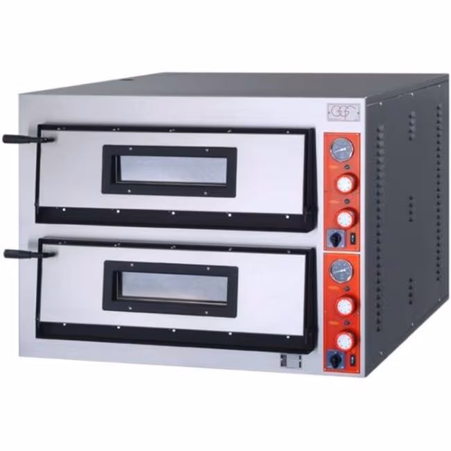 Possibly a two-chamber pizza oven, made of powder-coated steel, 12 kW, 1010 x 850 x 750 mm