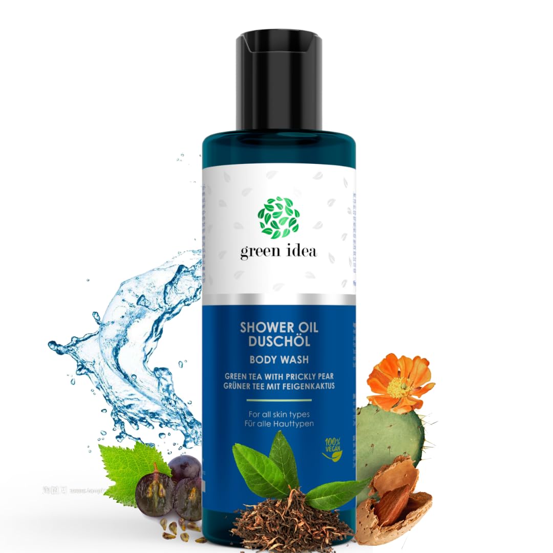 Green idea - Shower Oil Natural - for Dry Skin - Green Tea with Opuncia | Gentle, for Sensitive Skin, with Grape Seed Oil | Fresh Fragrance | Vegan | No SLES 200 ml