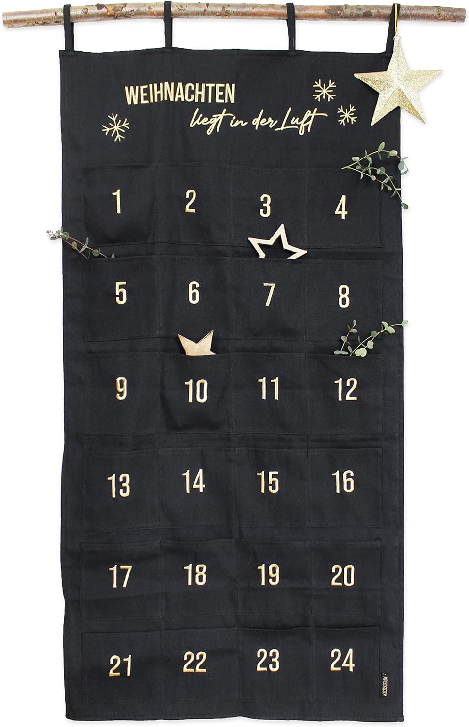 Papierdrachen Advent Calendar 2023 as a Wall Calendar Made of Fabric for Filling, Black and Gold, High-Quality Embroidered, Fabric Bag, Gift Bag, Reusable, Set No. 32