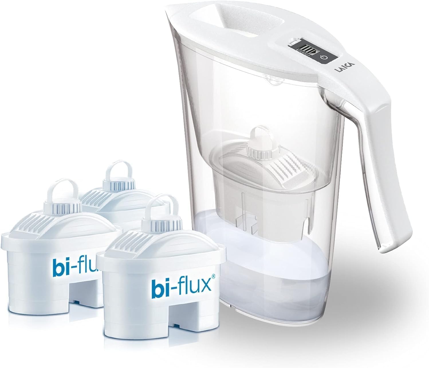 LAICA Carmen White Filter Carafe 2.3L Capacity with 3 Bi-Flux Filters Preserves Mineral Salts, Reduces Chlorine and Heavy Metals, Chemicals and Hardness