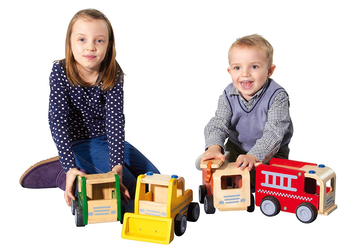 Forchtenberger Puzzle-Spiele 4 Wooden Vehicles Duty With Rubber Wheels – Fire Engine, Police Car, Crane 