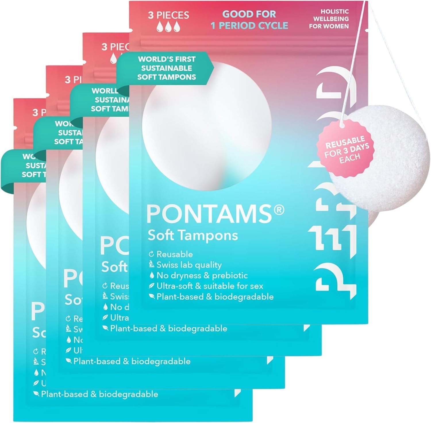 PERIOD PONTAMS Soft Tampons for Women - 3 Day Reusable and Compostable Tampons - Probiotic Balance Support - Ultra Soft Plant Based Tampons - Pack of 12