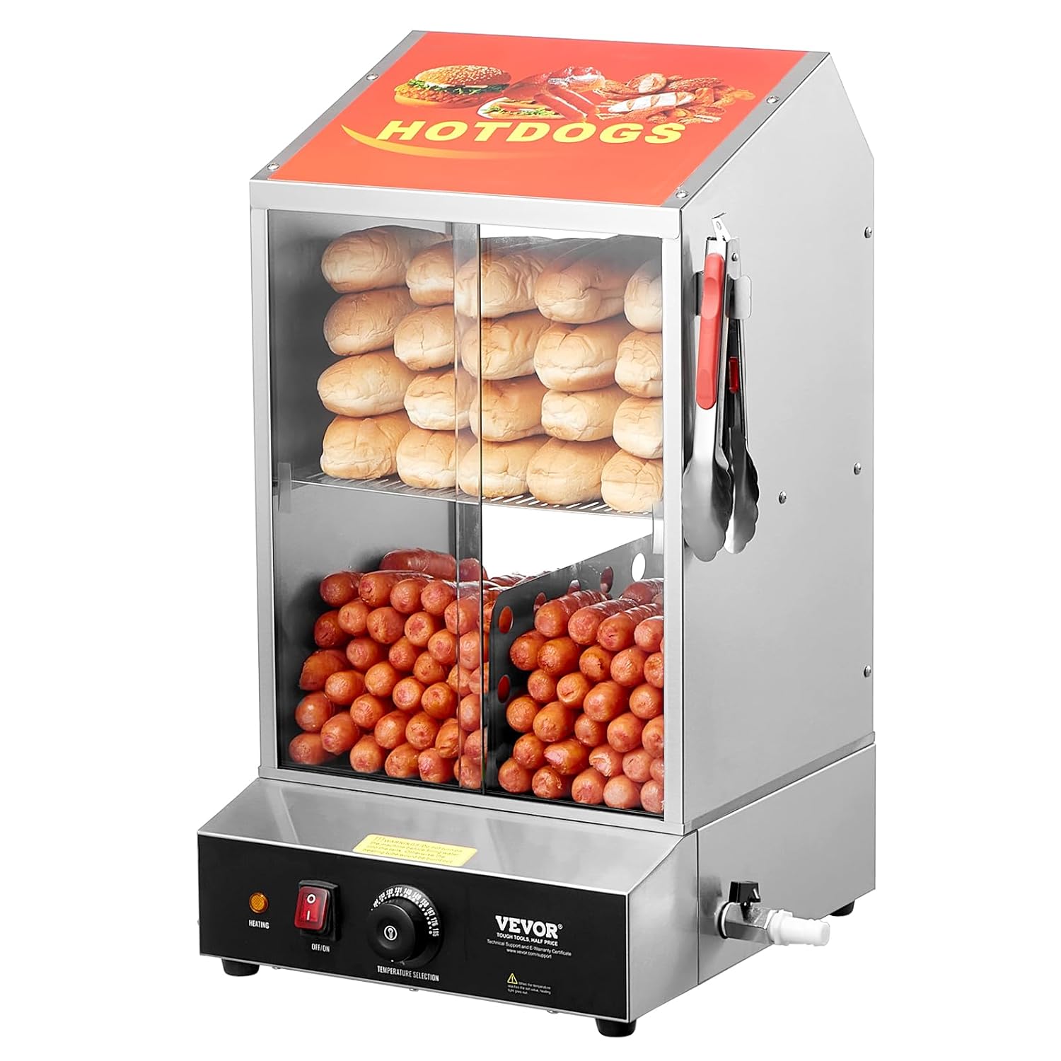 VEVOR Hot Dog Steamer, 37L, 2-Stage Hot Dog Hut Steamer, 30℃~85℃ Temperature Control, Electric Bun Warmer with Tempered Glass Sliding Doors, Separating Plate Tongs