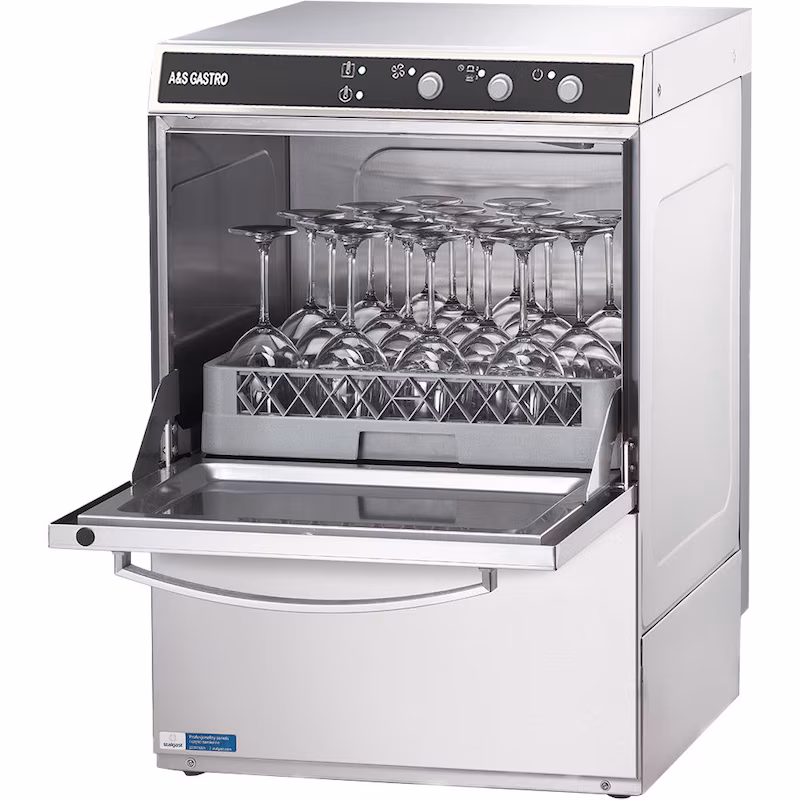 Universal glasswasher with rinse aid, detergent, and drain pumps, 275 mm insertion height