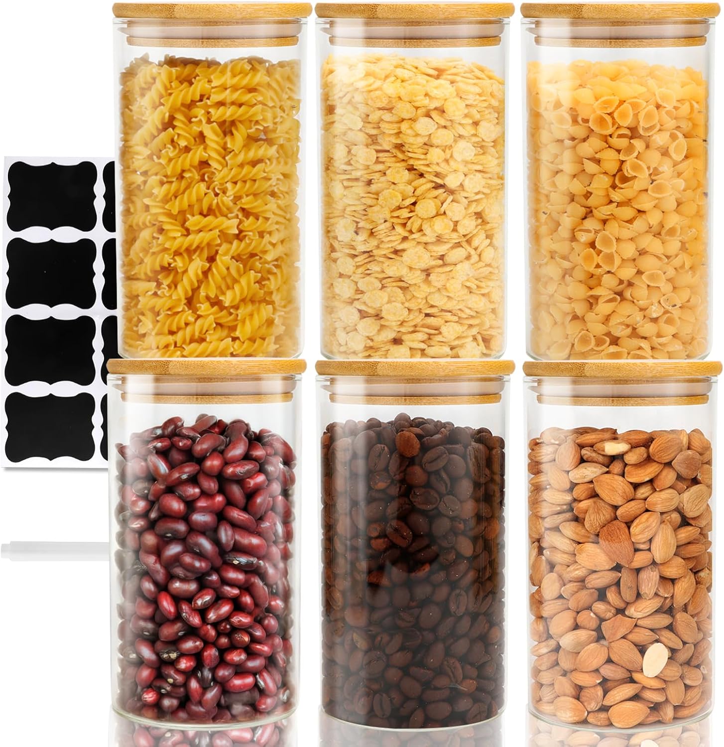 Glass Storage Jars with Wooden Lid, Set of 6, 750 ml Storage Jars with Lid, Round Storage Jars, Kitchen, Glass Container, Airtight Set, Storage Container Glass for Spices, Nuts, Grains
