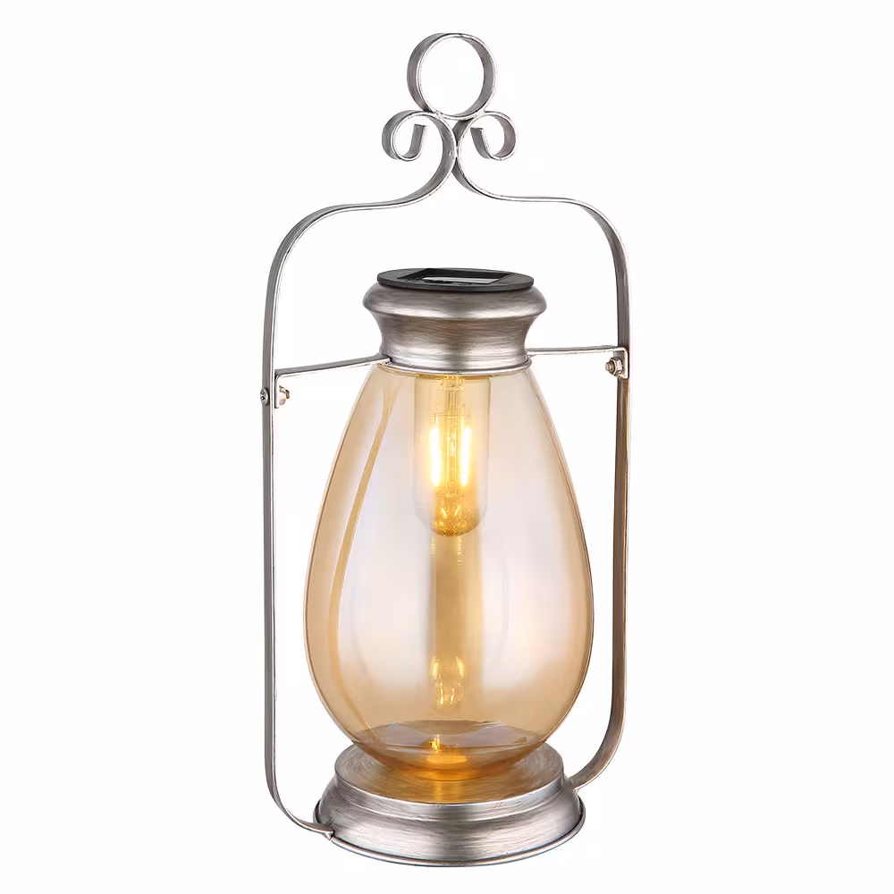 Globo Lighting LED Outdoor Light Solar Lamp Silver Amber Glass