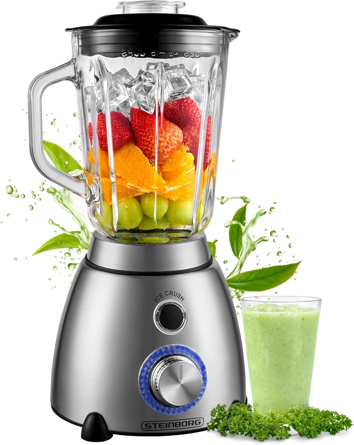 Steinborg Stand Mixer Glass Stainless Steel 1.5 Liter Glass Container 6-Way Stainless Steel Knife Pulse Function Universal Power Mixer Protein Shaker Hand Blender Ice Crusher Chopper Smoothie Maker 600 Watt