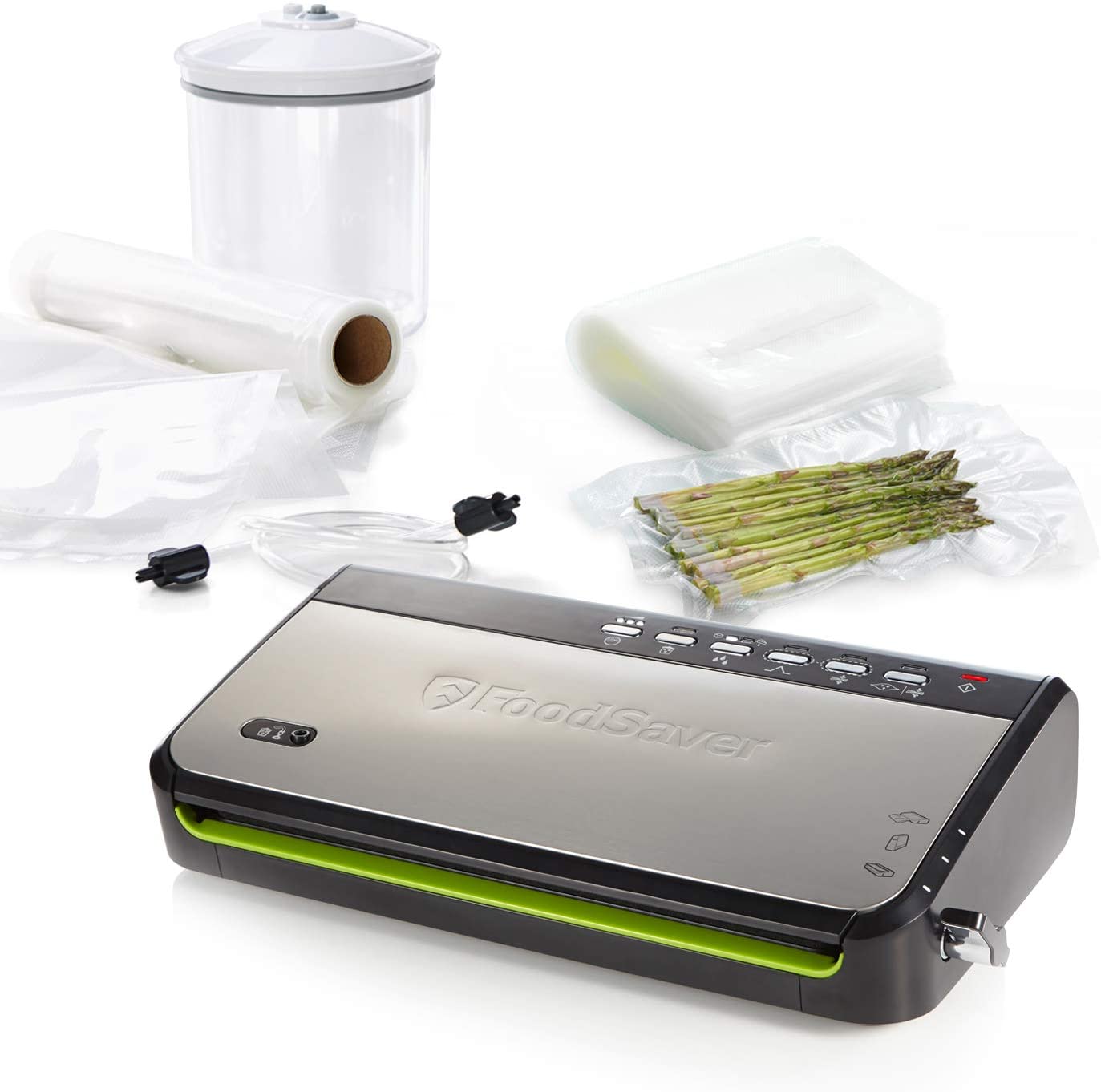 Foodsaver FFS005X Film Sealer Stainless Steel Black & FSB3202-I Foil Bag 32 Pieces 28 x 36 cm Vacuum Rolls for Food Vacuum Sealer Sous-Vide