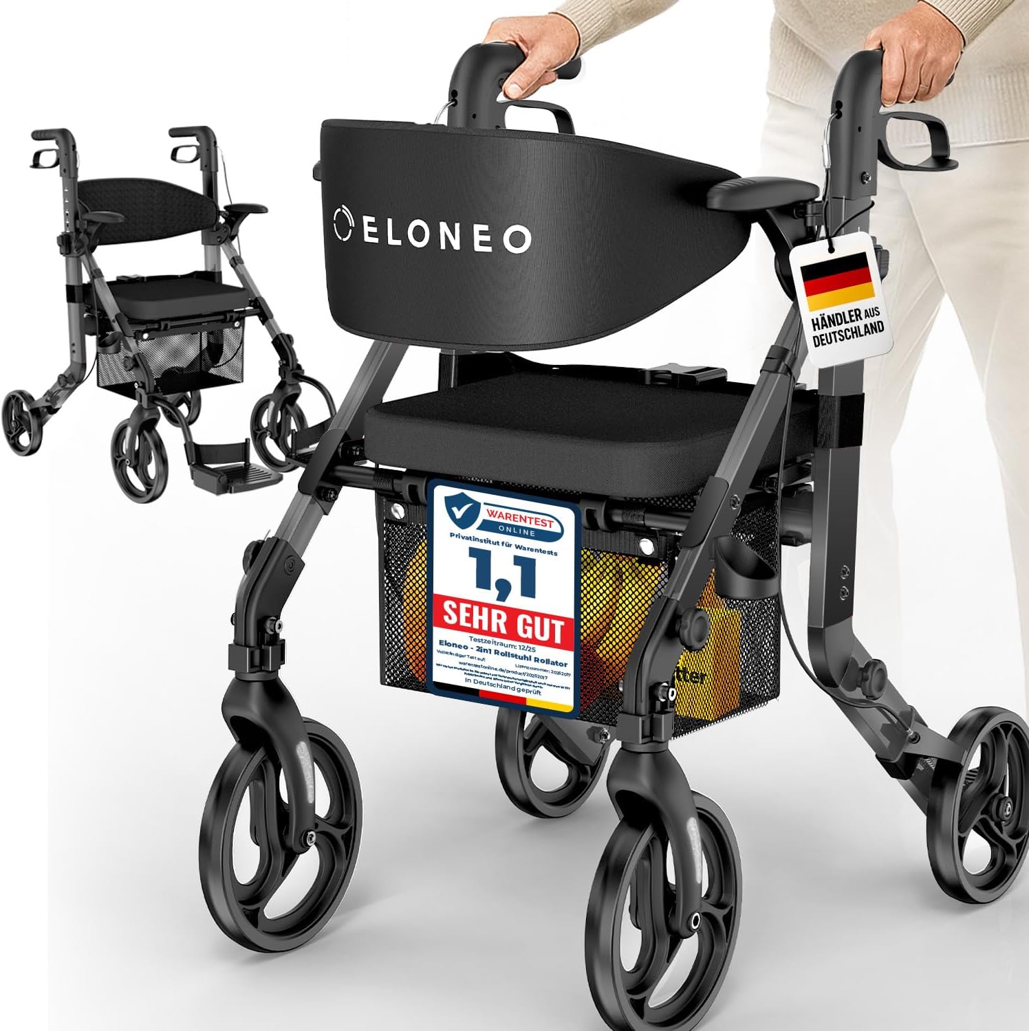 ELONEO 2 in 1 Wheelchair Rollator Foldable and Lightweight with Seat, Outdoor Rollator Wheelchair Foldable Lightweight for All Terrain, Aluminum Walking Aid for Seniors with Mesh Bag, Transport