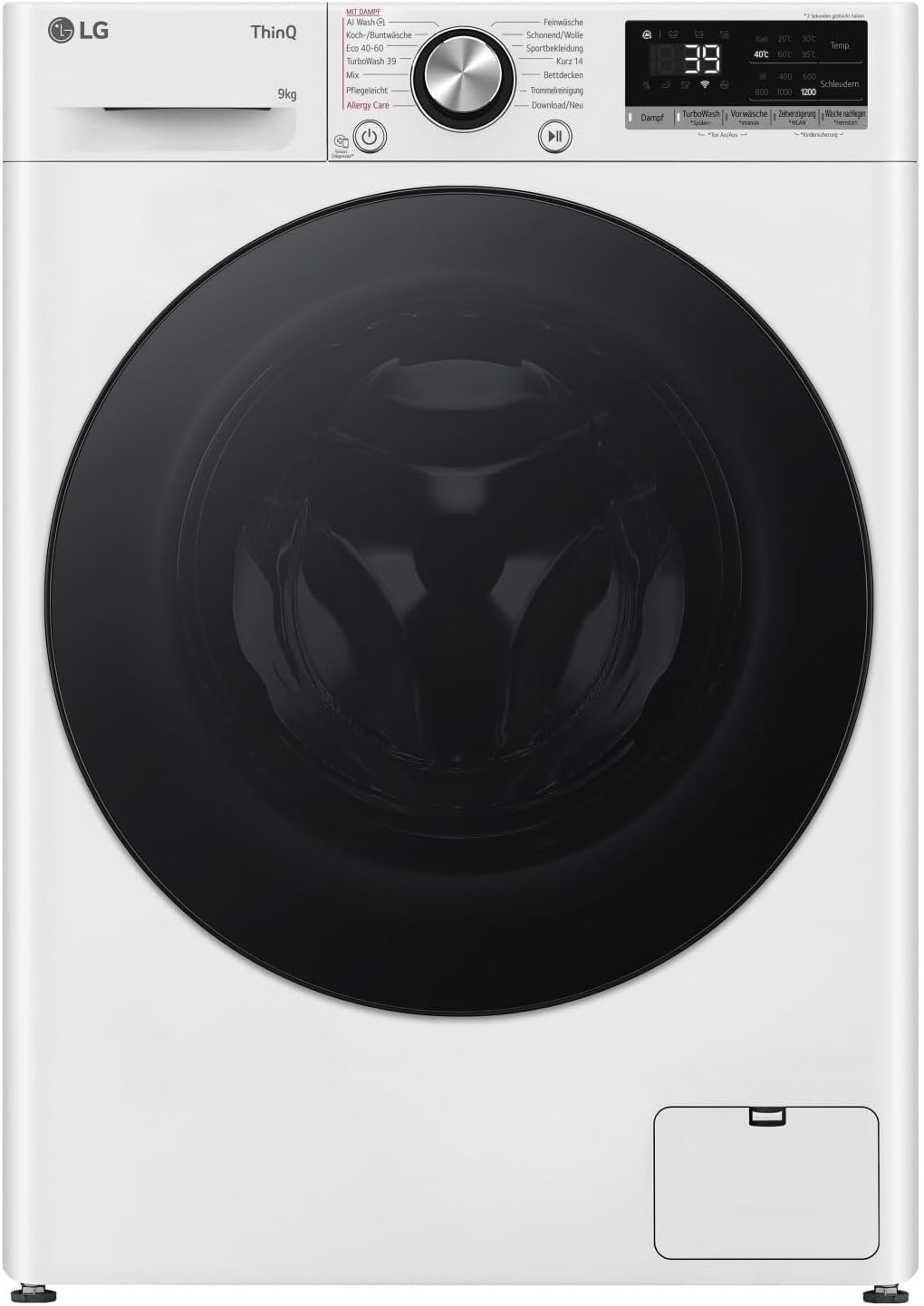 LG F2V7SLIM9, Class A, Washing Machine Slim 9 kg, 60 x 47.5 x 85 cm, Wi-Fi, AI Direct Drive, Deep Cleaning with Steam, TurboWash 360°, Tempered Glass Exterior Door, White with Black Porthole Ring
