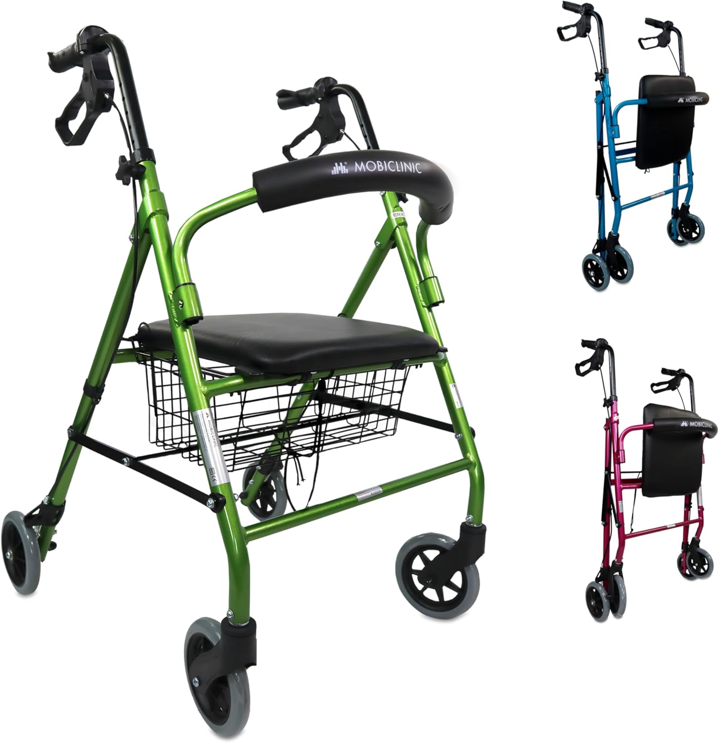 Mobiclinic, Escorial Rollator, European Brand, Foldable and Lightweight, Lockable Handbrakes, Walker for Senior, Aluminium, with Seat Backrest, Basket, 4 Wheels, Green
