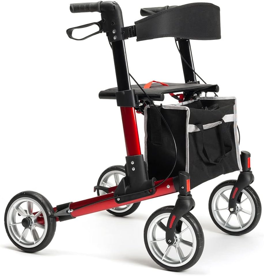FabaCare Quava Lightweight Folding Rollator Red with FabaCare Safety Reflectors