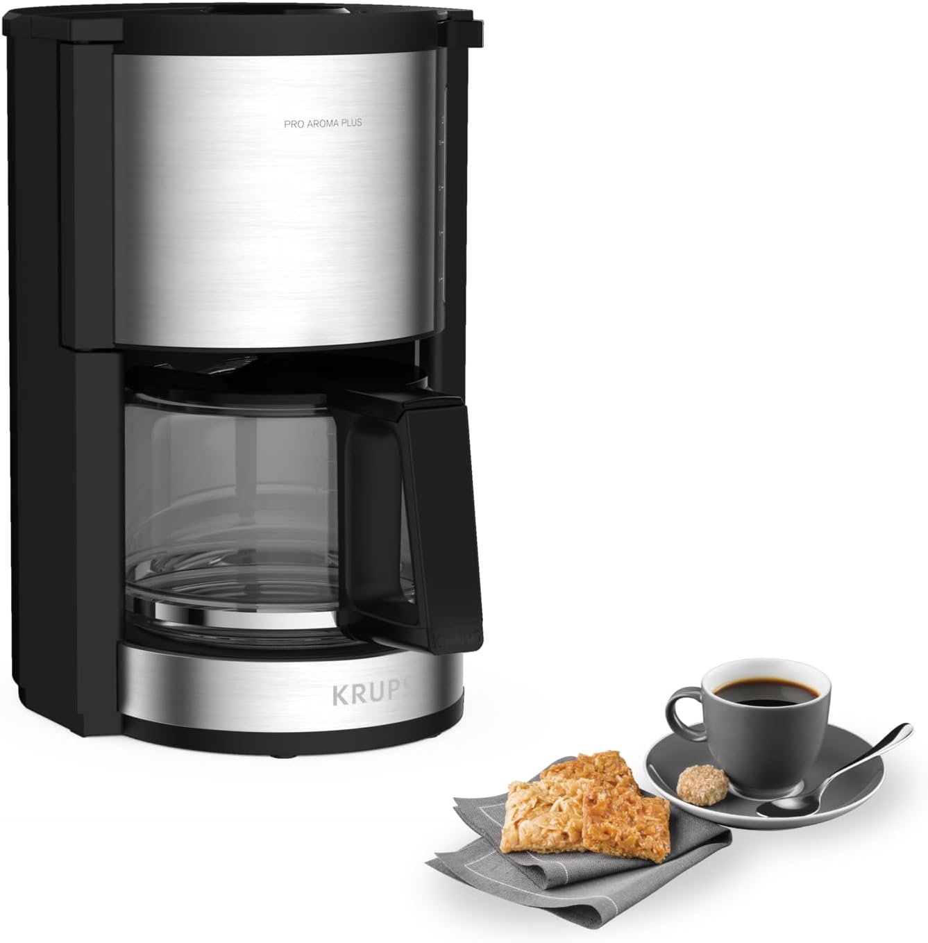 Krups KM3210 Pro Aroma Plus filter coffee machine, 10 cups, 1.25 L, 30-minute keep-warm function, visible water level window, drip-stop system, black with stainless steel applications