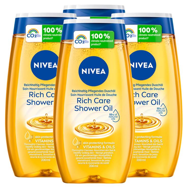 Nivea Rich Care Shower Oil - Biodegradable, Moisturizing and Protecting with Natural Oils and Vitamins C and E for Dry Skin - 4 x 200ml Bottles