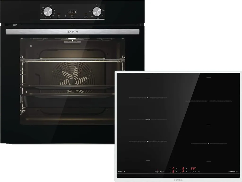 Gorenje Black Steam Pyro Set Built-in Oven Set, OptiBake, 77L, Hot Air, Pyrolysis, ExtraSteam, GentleClose, AirFry, Pizza Mode 300°C, PerfectGrill, Induction Hob with BridgeZone, Black