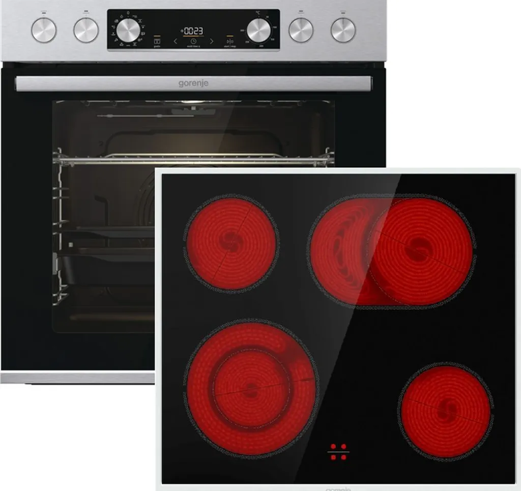 Gorenje Steel Set 4 Built-in Oven - Set with glass ceramic hob and stainless steel frame - 77L XXL capacity - GentleClose & Open - AirFry - PizzaMode - ChildLock - PerfectGrill - Telescopic runners - Black