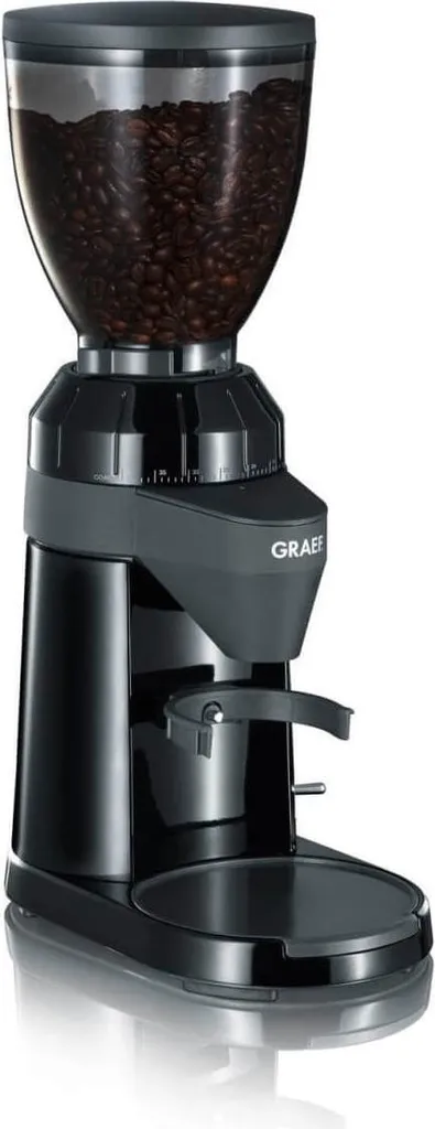 GRAEF CM802 - Electric coffee grinder, aluminum housing, 350g bean hopper, stainless steel conical burr grinder, 40 grind settings, portafilter coffee grinder, anti-static insert, aluminum impeller, 128 W, black