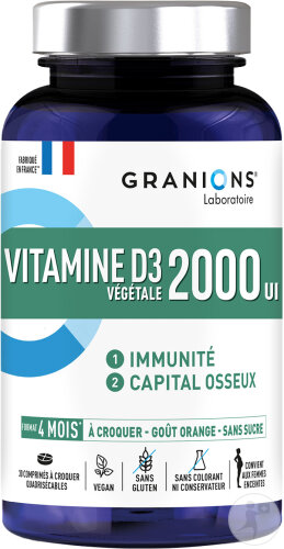 Granions Vitamin D3 2000 IU 4 Months Immunity and Bone Health Vegan 30 Chewable Tablets